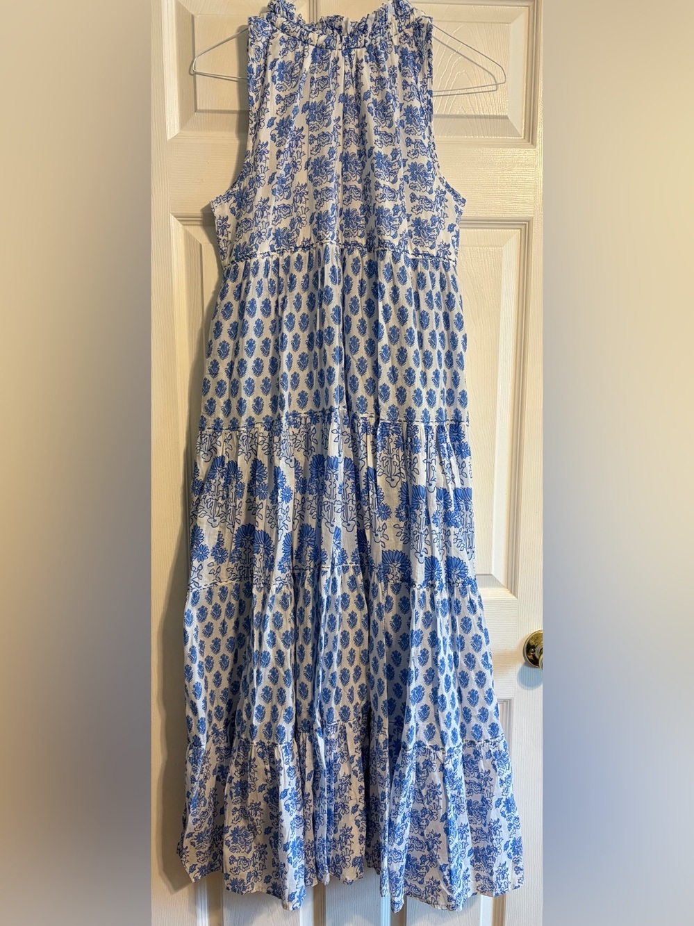 Calypso St Barth Daria Tiered Maxi Dress XS Blue White Floral Block Print Boho - Picture 7 of 7